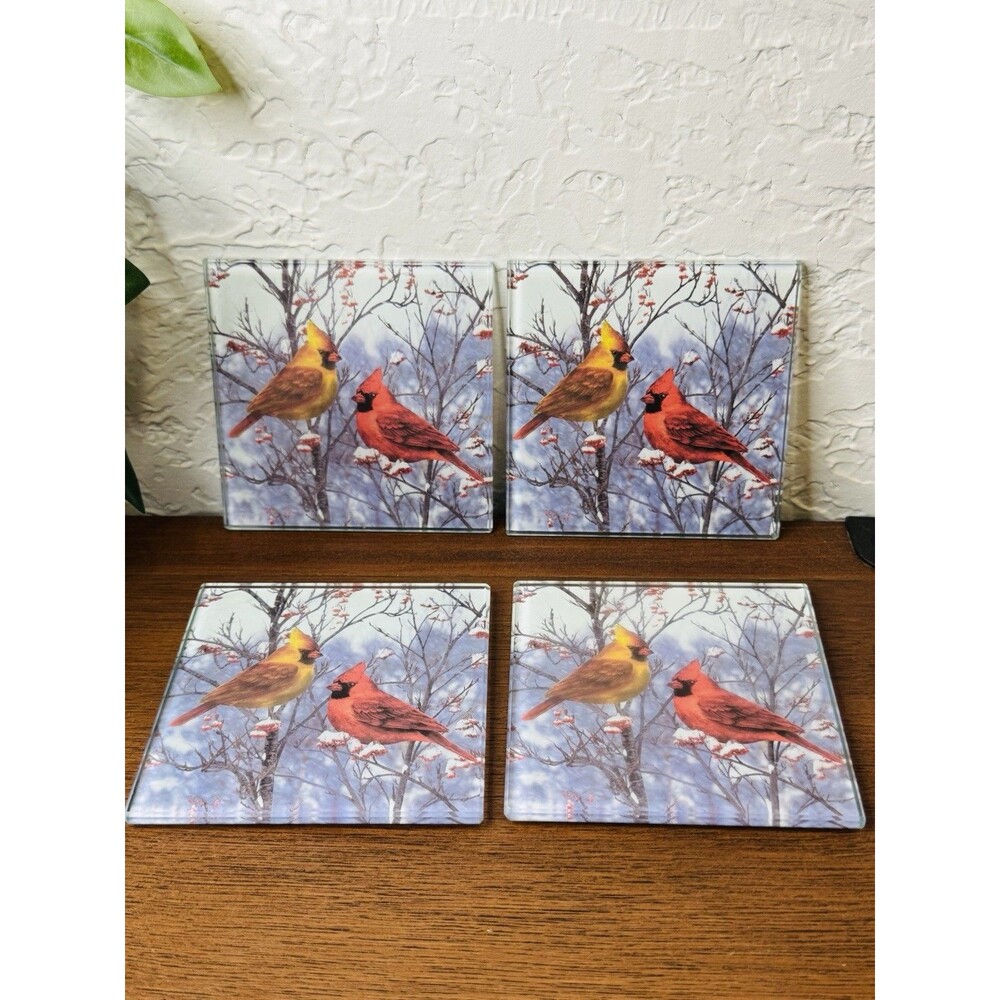 Set 4 Hamptons Tempered Glass Cardinal Coasters Birds